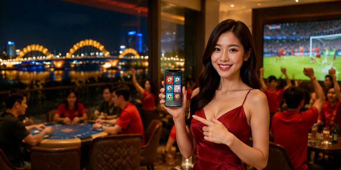 Cô gái Đà Nẵng chơi bài trực tuyến với điện thoại, thực hiện thanh toán tiện lợi