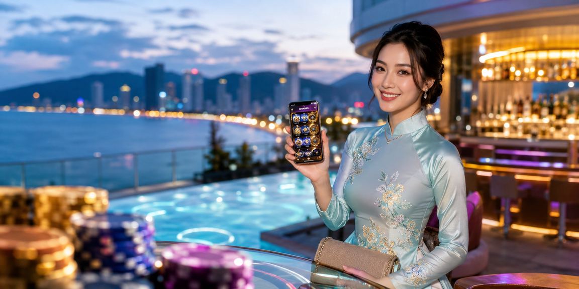 Người dùng Nha Trang xem ứng dụng phân tích casino và thể thao trên điện thoại với trang phục áo dài